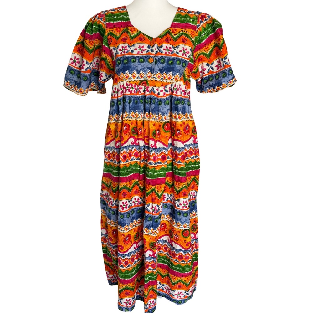VTG Phases Cotton Midi Porch Dress M Vibrant Boho‎ Island Cottagecore Prarie